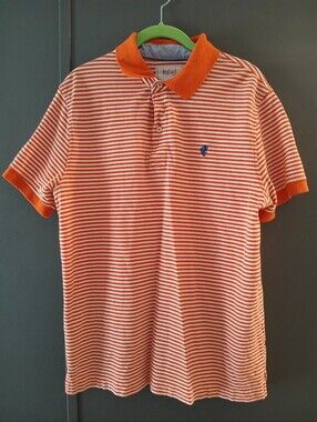 Stafford brand orange and white striped polo shirt, short sleeves, collared, L
